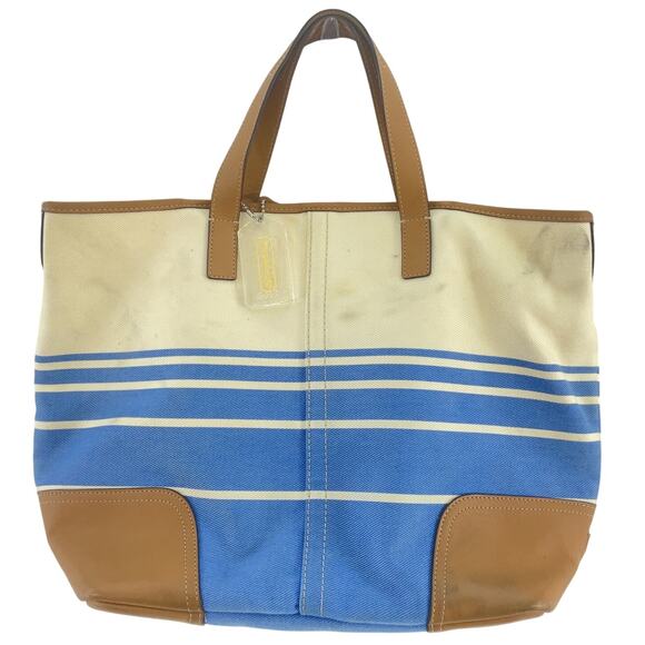 Coach Handbags - Coach Hadley Tote in Cream & Blue Stripes Canvas/Leather Women’s Purse Preowned
